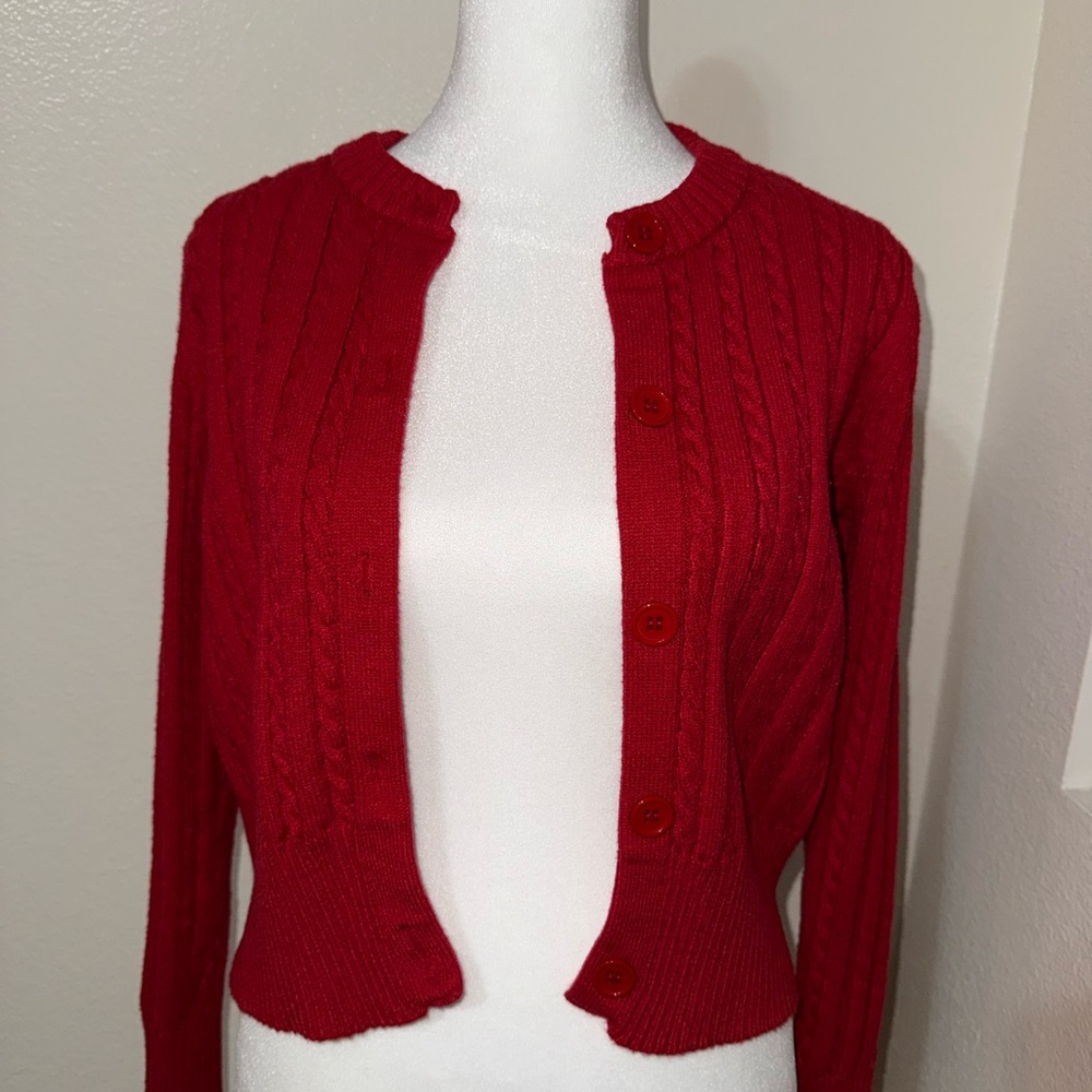 Red Cable-Knit Crewneck Cardigan Sweater - Women